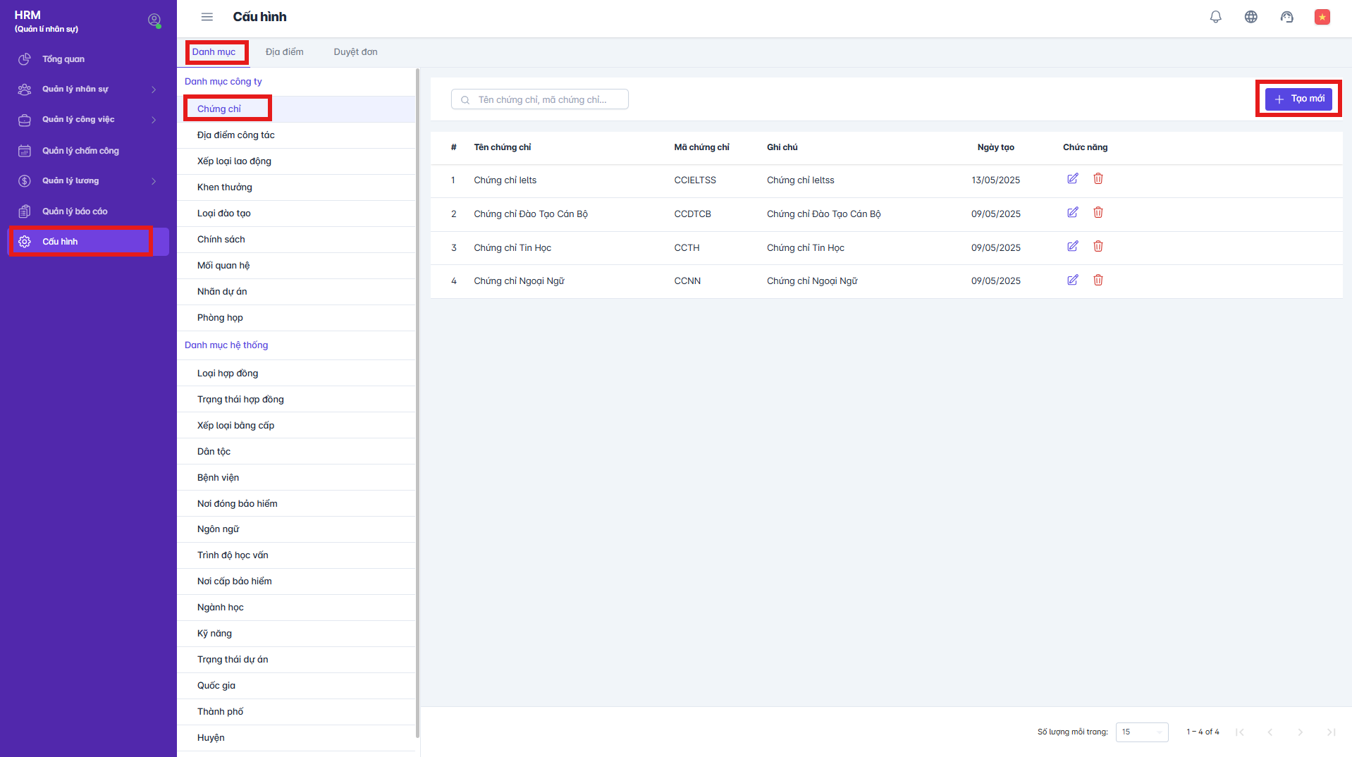 SMART HR | Cấu hình danh mục chứng chỉ
