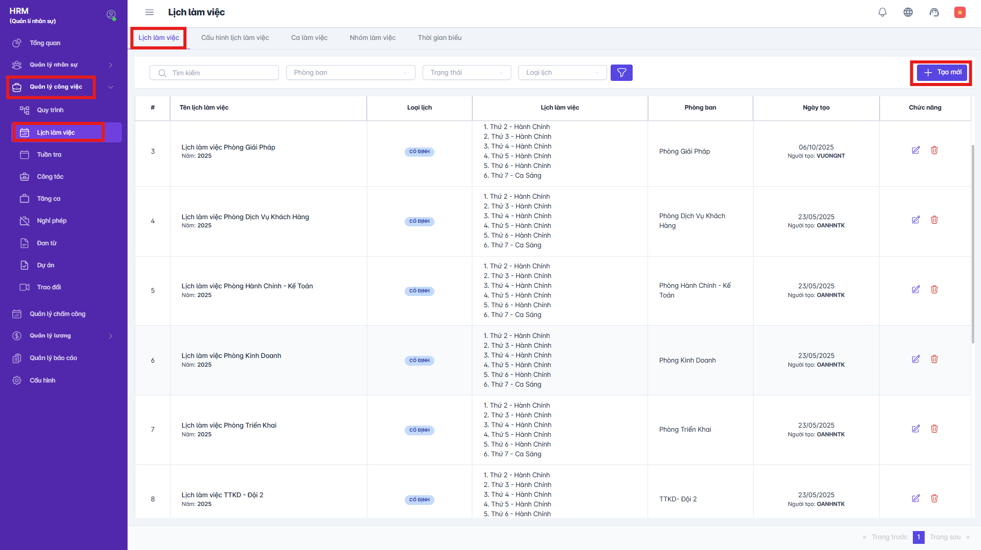 SMART HR | Lịch làm việc