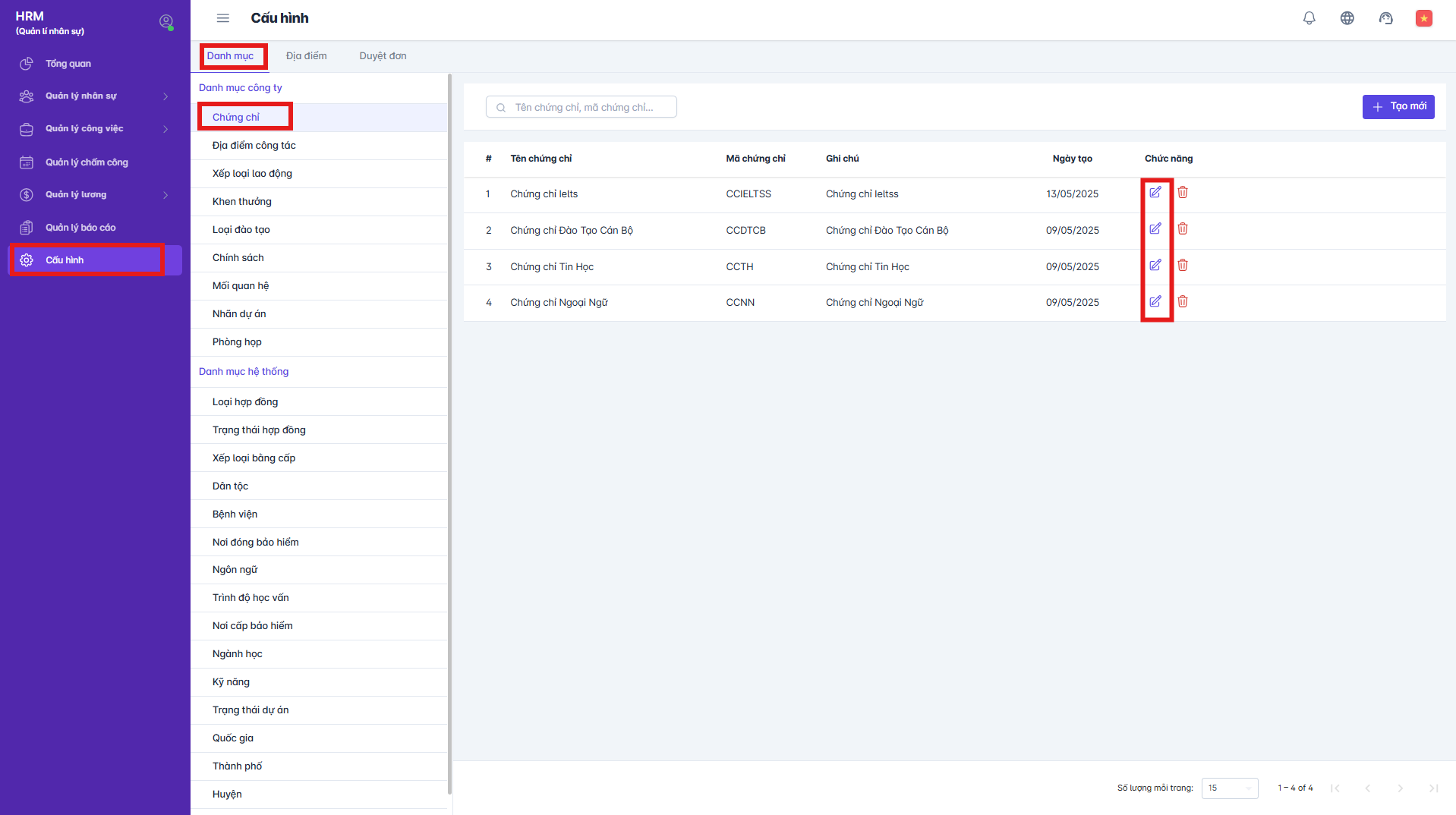 SMART HR | Cấu hình danh mục chứng chỉ