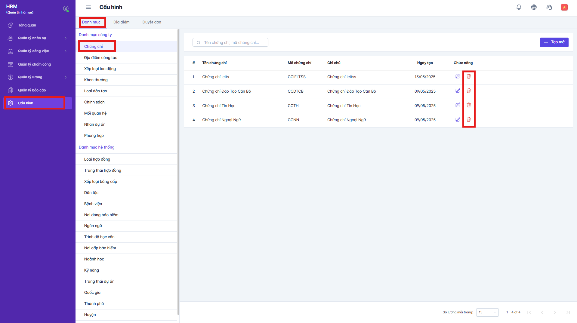 SMART HR | Cấu hình danh mục chứng chỉ